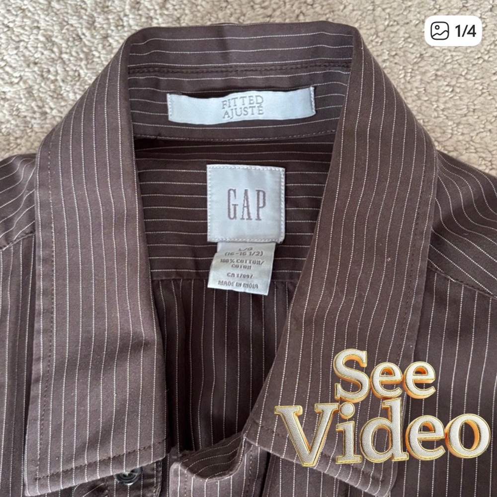 👛 (ANY 2/$25) GAP Cotton  Fitted Brown Pin Striped Long Sleeved Shirt. See Video